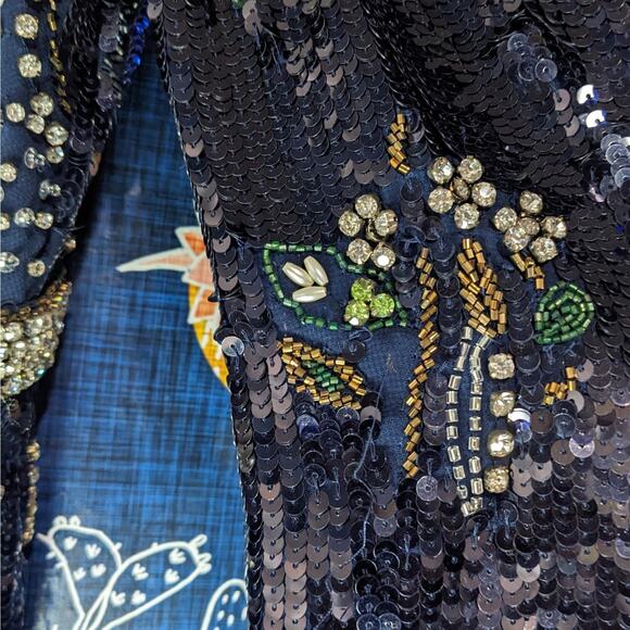 NWT Mac Duggal Embellished Wrap Over Bishop Sleeve Gown Midnight Multi Size 10 - Picture 7 of 11